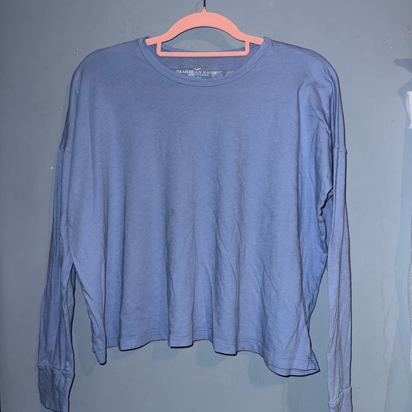 American Eagle Outfitters Tops - American Eagle Outfitters Blue Knit Long Sleeve “hopeless romantic” on back, Med